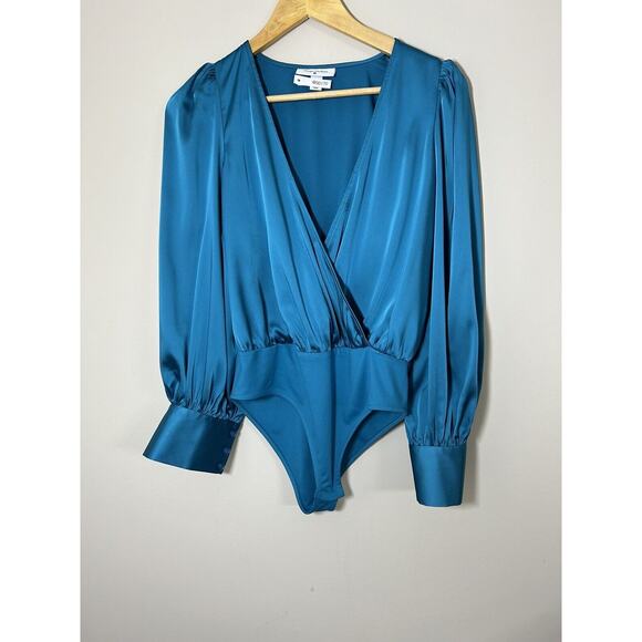 Sergio Hudson Teal Crossover Satin Bodysuit Womens Long Sleeve Blouse Sz XS - Picture 5 of 10